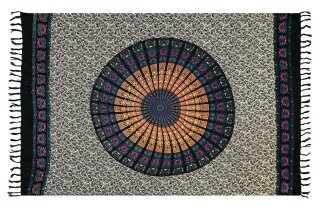 Sarong Pareo Mandala mit Fransen - Schwarz Bunt Pfau