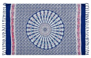 Sarong Pareo Mandala mit Fransen - Blau Bunt Elefant Pfau